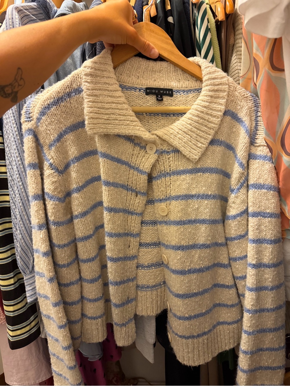 Miou Muse Cream and Light Blue Striped Cardigan